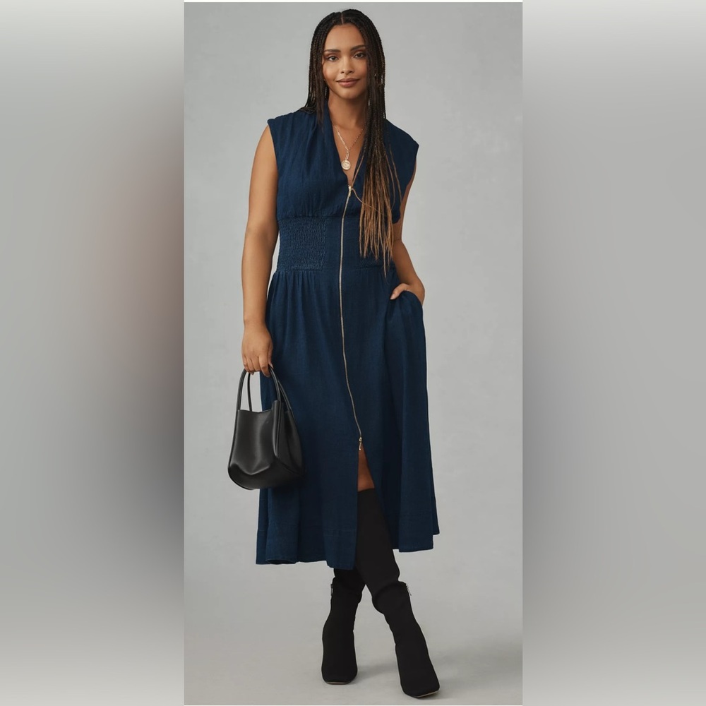 Maeve The Tommie Cap-Sleeve Smocked Front-Zip Shirt Dress: Denim Edition-Sm